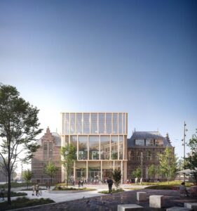 Houten aanbouw monumentaal pand University College Groningen 
