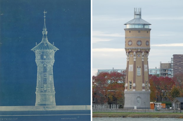 De tekening en een afbeelding van de Watertoren van Zwijndrecht